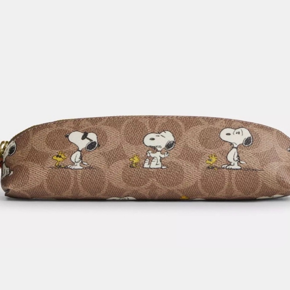 Coach X Peanuts Pencil Case in Signature Canvas with Snoopy Print Tan/Brown NWT